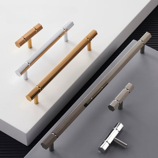 6 hoekige meubelgrepen in rose goud glimmend chroom en titanium zwart