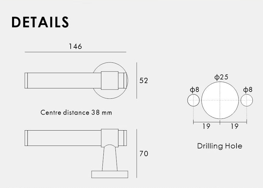 tekening van een deurkruk op rond rozet met maatvoeringen