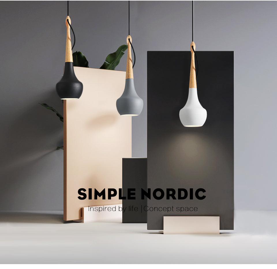 scandinavisch model hanglamp, combinatie van zwart, grijs en wit aardewerk en hout