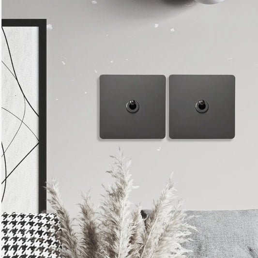 Twee classic toggle inbouw schakelaars in gun metal op een witte muur