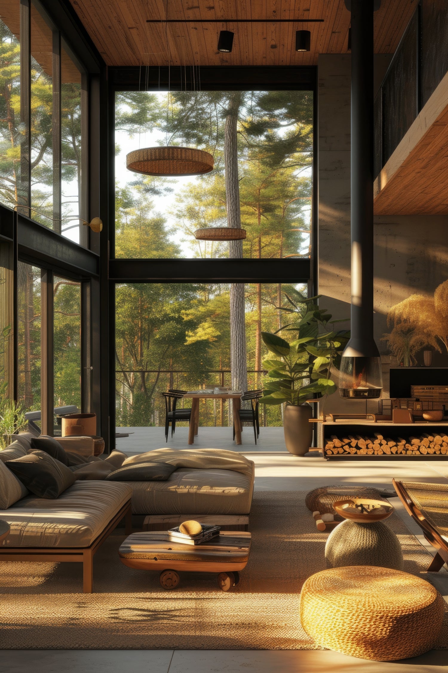 Interieurfoto van een ruimte met hoog plafond en veel glas en stal in de gevel. inrichting met veel natuurlijke materialen als hout en rotan.